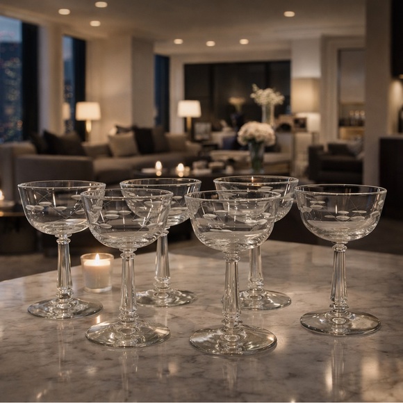 Libbey Other - Vintage Libbey Rock Sharp Etched  Clear Sherbet Glasses Champagne Coupes Set 6